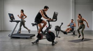 Kardio treniruotės sporto salėje su skirtingais treniruokliais