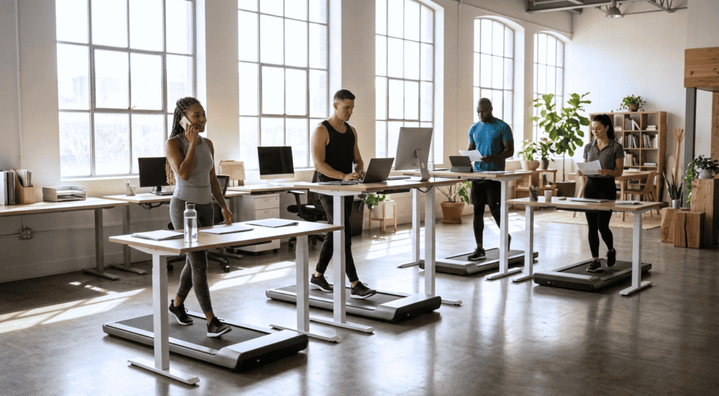 Aktyvi darbo vieta biure – vaikščiojimas ant bėgimo takelio prie darbo stalo