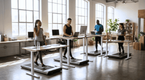 Aktyvi darbo vieta biure – vaikščiojimas ant bėgimo takelio prie darbo stalo