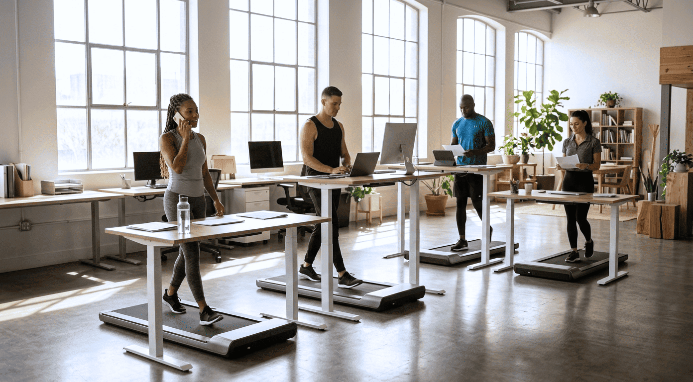 Aktyvi darbo vieta biure – vaikščiojimas ant bėgimo takelio prie darbo stalo
